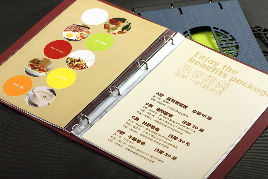 各种宣传单、折页、菜谱、PVC点菜单、画册、说明书、海报、不干胶、联单、包装盒、纸巾盒等设计印刷